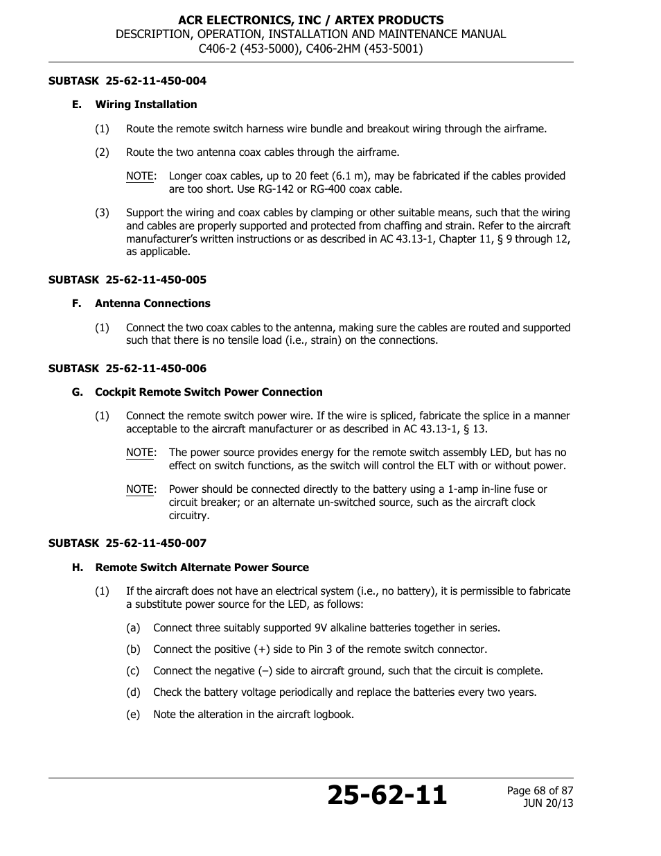 E. wiring installation, F. antenna connections, G. cockpit remote switch power connection | H. remote switch alternate power source | ACR&Artex C406-2 HM User Manual | Page 68 / 87
