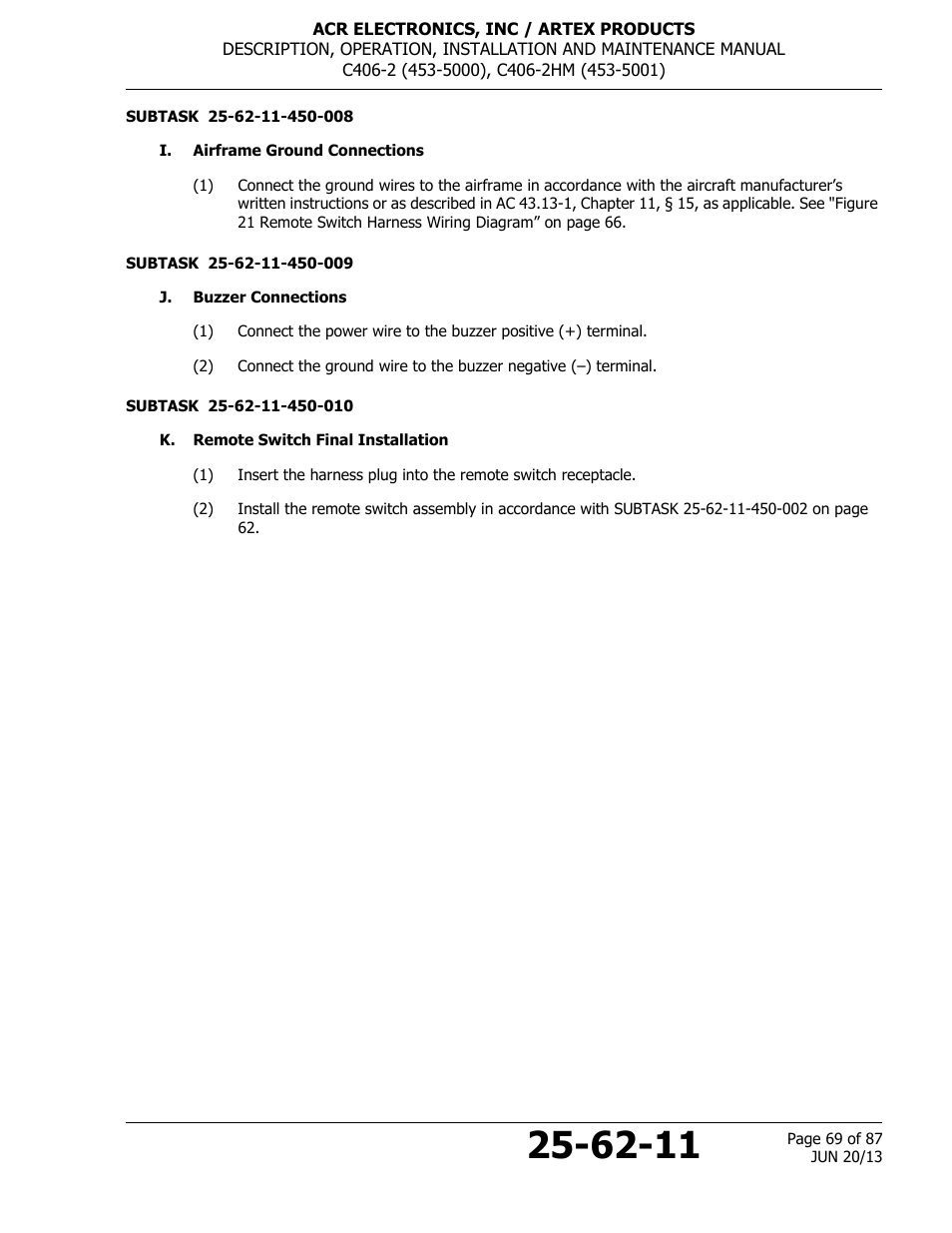 I. airframe ground connections, J. buzzer connections, K. remote switch final installation | 70 j. buzzer connections, Subtask | ACR&Artex C406-2 HM User Manual | Page 69 / 87