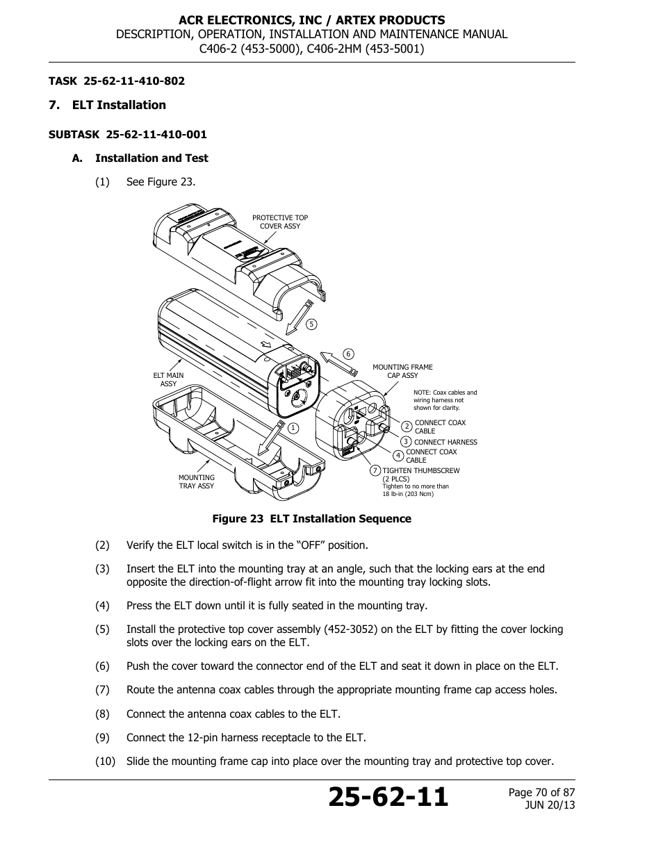 Elt installation, A. installation and test, Figure 23 elt installation sequence | ACR&Artex C406-2 HM User Manual | Page 70 / 87
