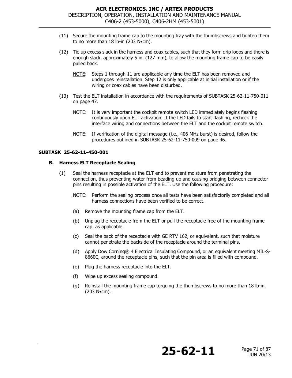 B. harness elt receptacle sealing | ACR&Artex C406-2 HM User Manual | Page 71 / 87