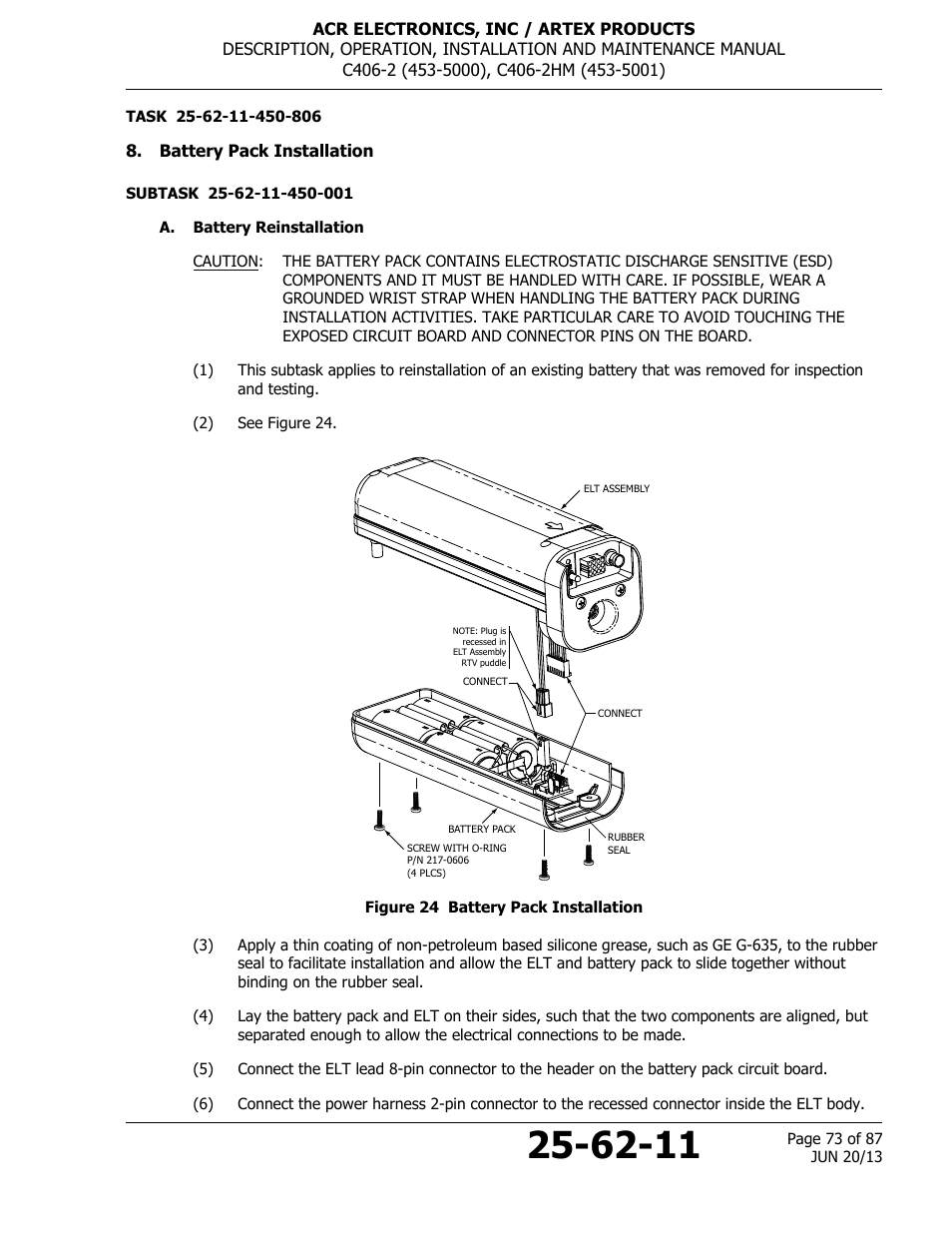 Battery pack installation, A. battery reinstallation, Figure 24 battery pack installation | ACR&Artex C406-2 HM User Manual | Page 73 / 87