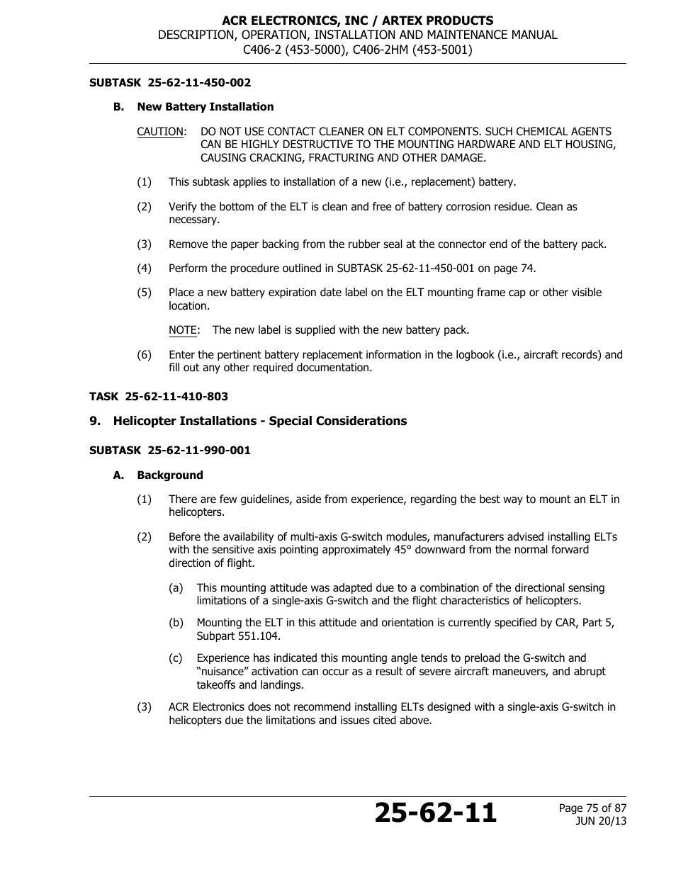 B. new battery installation, Helicopter installations - special considerations, A. background | ACR&Artex C406-2 HM User Manual | Page 75 / 87