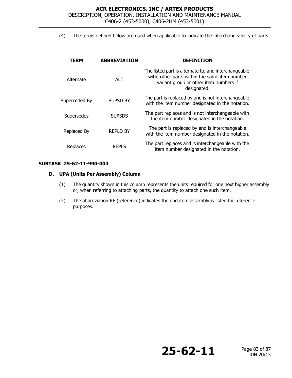 D. upa (units per assembly) column | ACR&Artex C406-2 HM User Manual | Page 83 / 87