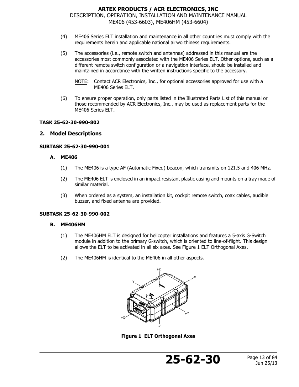 Model descriptions, A. me406, B. me406hm | Figure 1 elt orthogonal axes | ACR&Artex ME406 HM User Manual | Page 13 / 84
