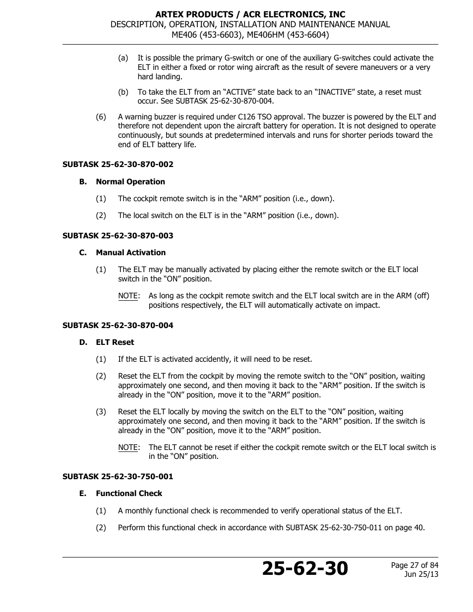 B. normal operation, C. manual activation, D. elt reset | E. functional check | ACR&Artex ME406 HM User Manual | Page 27 / 84