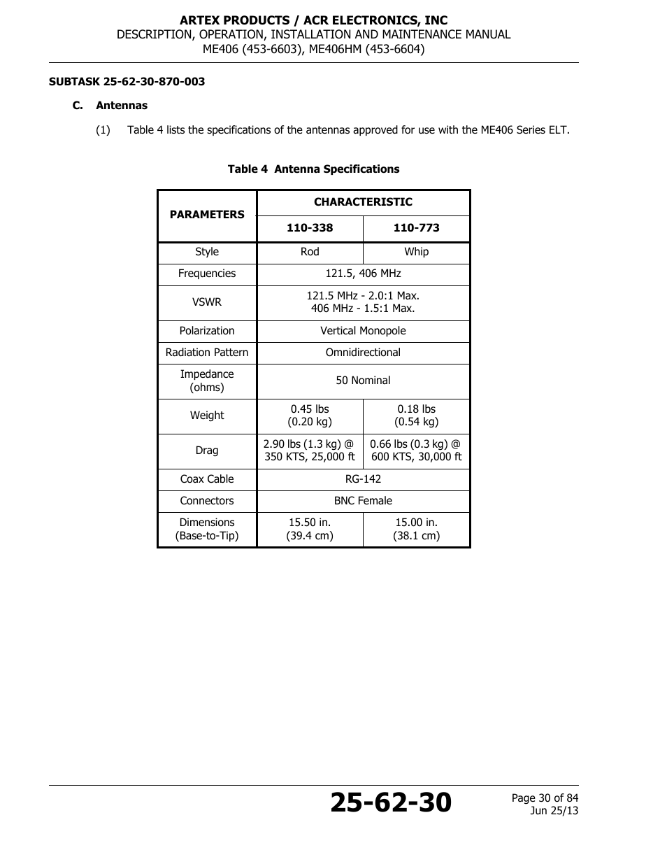 C. antennas, Table 4 antenna specifications | ACR&Artex ME406 HM User Manual | Page 30 / 84