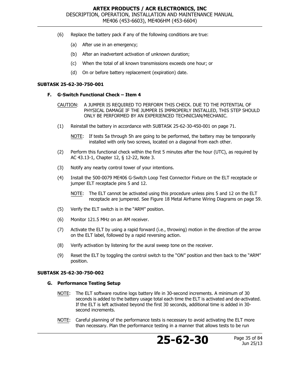 F. g-switch functional check – item 4, G. performance testing setup | ACR&Artex ME406 HM User Manual | Page 35 / 84