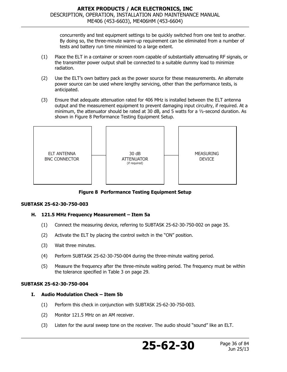 Figure 8 performance testing equipment setup, H. 121.5 mhz frequency measurement – item 5a, I. audio modulation check – item 5b | ACR&Artex ME406 HM User Manual | Page 36 / 84