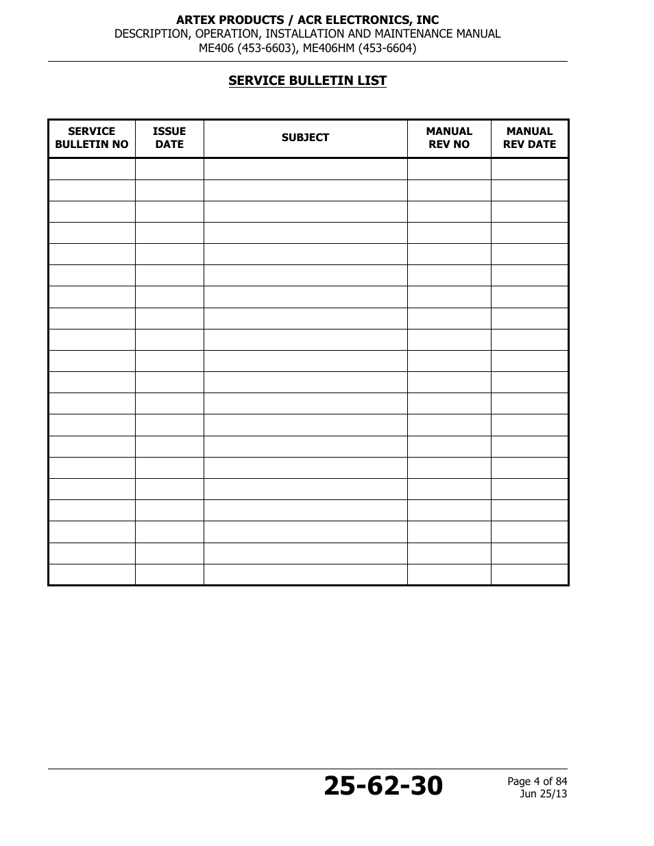 Service bulletin list | ACR&Artex ME406 HM User Manual | Page 4 / 84