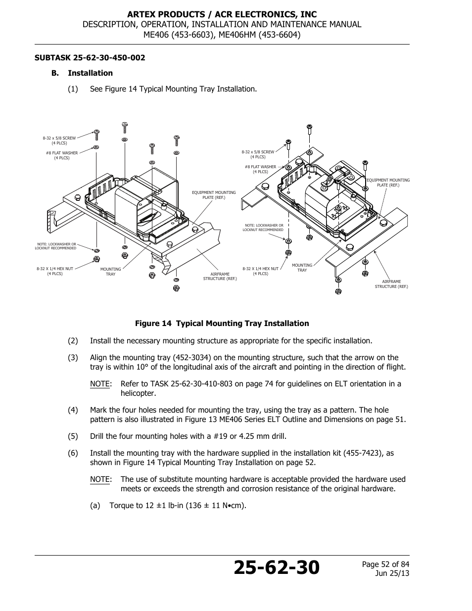 B. installation, Figure 14 typical mounting tray installation | ACR&Artex ME406 HM User Manual | Page 52 / 84