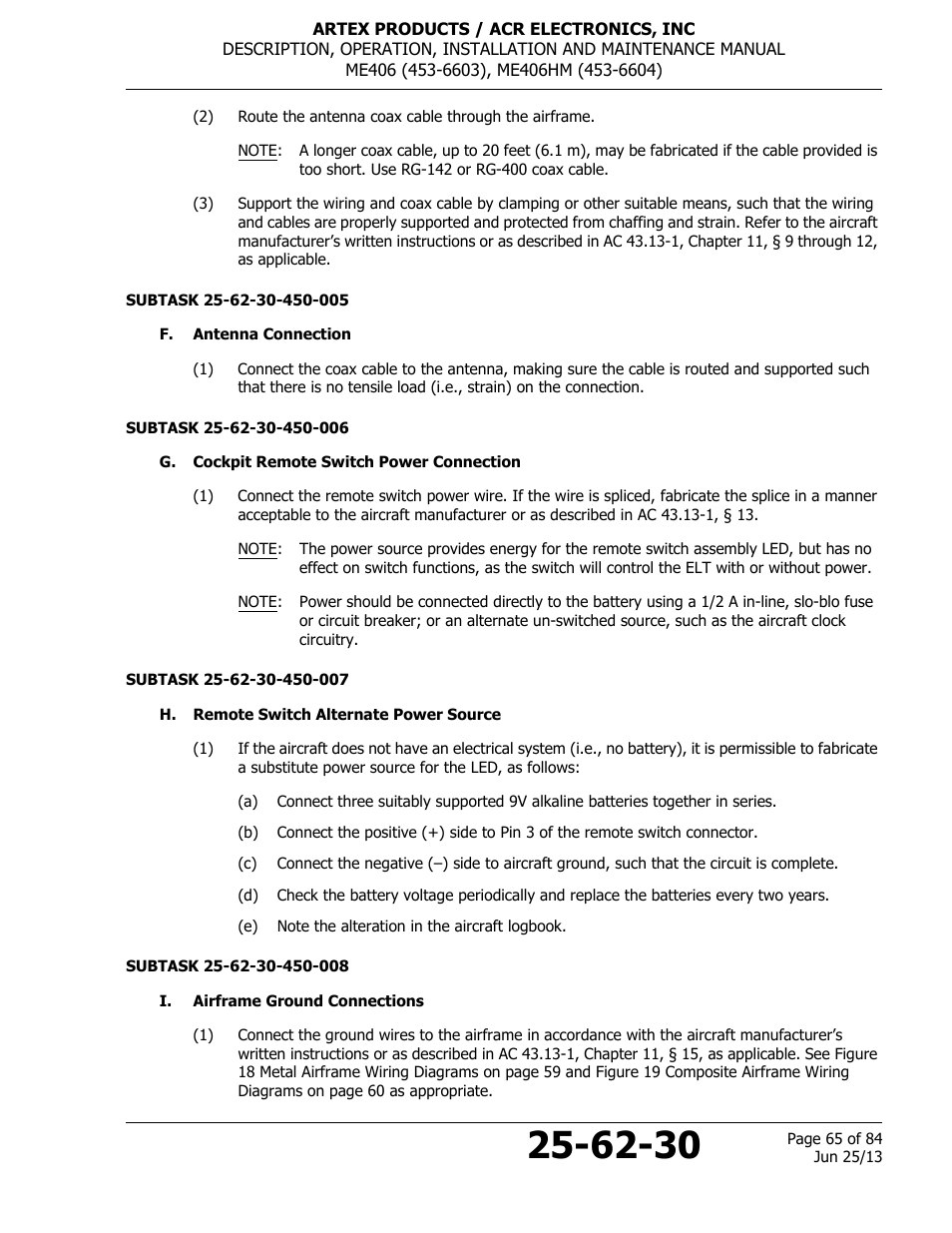 F. antenna connection, G. cockpit remote switch power connection, H. remote switch alternate power source | I. airframe ground connections | ACR&Artex ME406 HM User Manual | Page 65 / 84