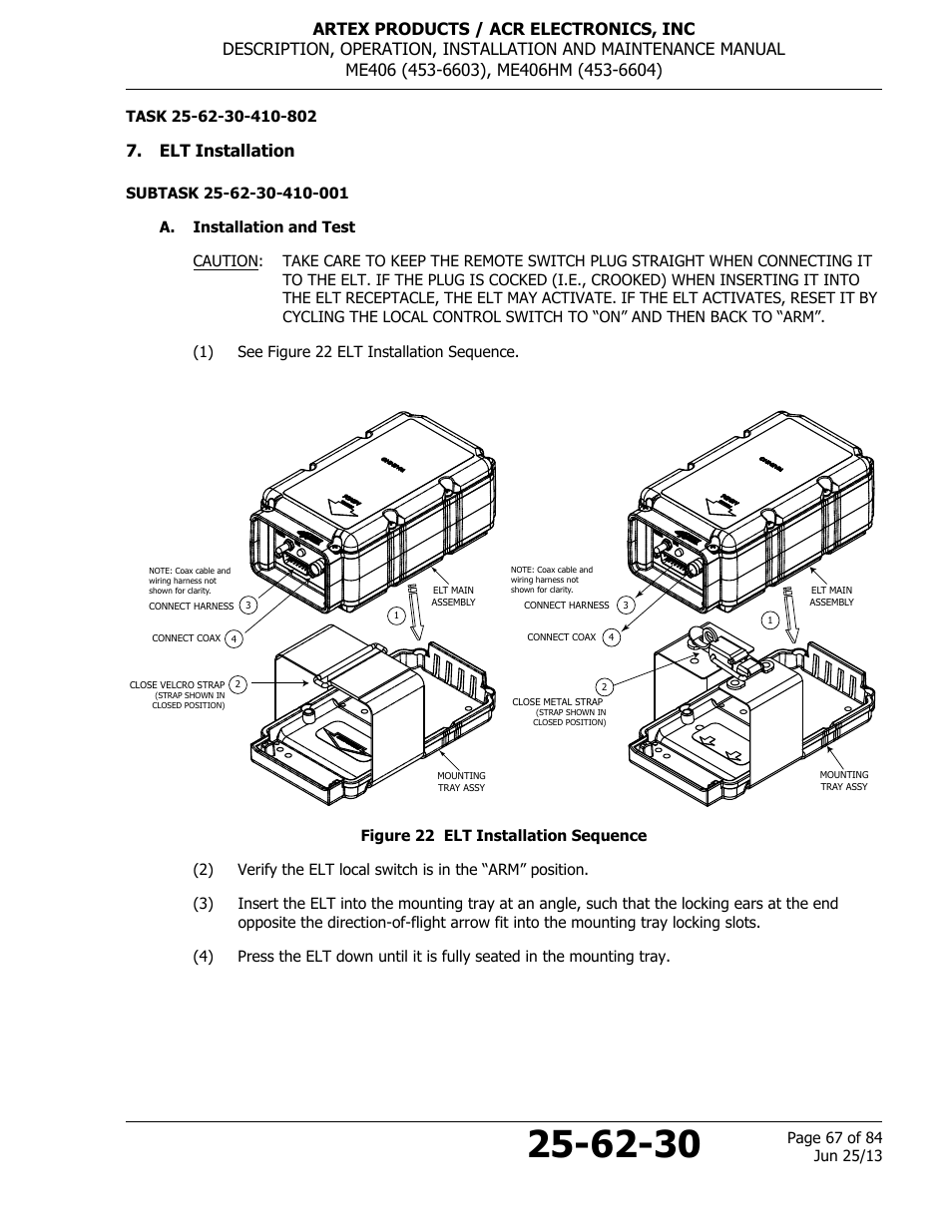 Elt installation, A. installation and test, Figure 22 elt installation sequence | ACR&Artex ME406 HM User Manual | Page 67 / 84