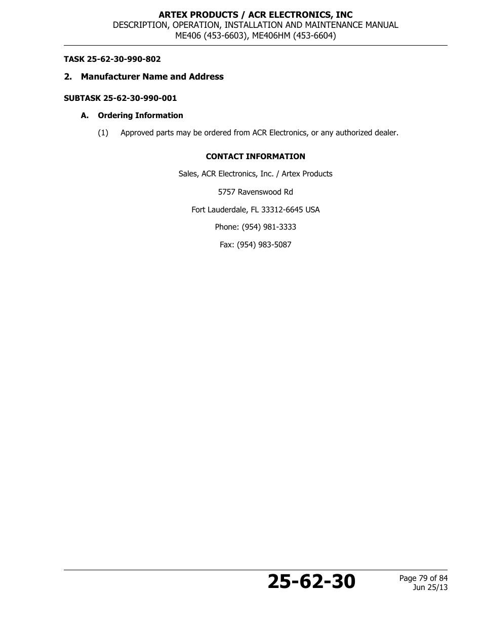 Manufacturer name and address, A. ordering information | ACR&Artex ME406 HM User Manual | Page 79 / 84
