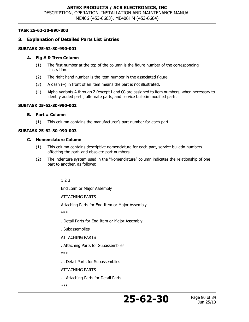 Explanation of detailed parts list entries, A. fig # & item column, B. part # column | C. nomenclature column | ACR&Artex ME406 HM User Manual | Page 80 / 84