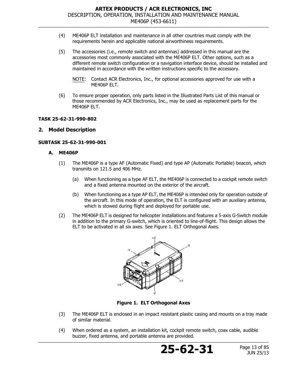 Model description, A. me406p, Figure 1. elt orthogonal axes | ACR&Artex ME406 Portable ELT User Manual | Page 13 / 85