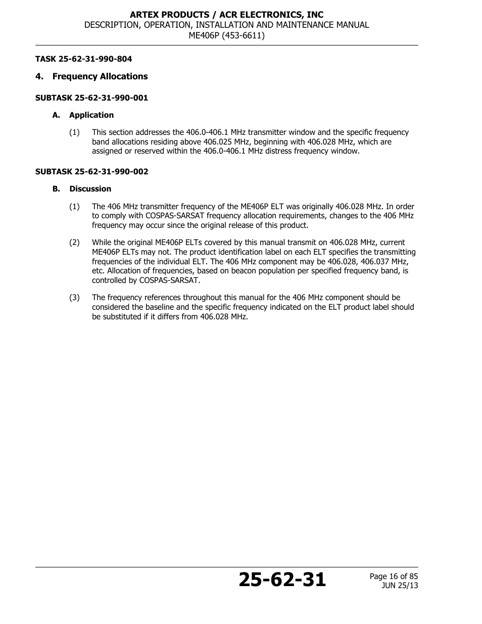 Frequency allocations, A. application, B. discussion | ACR&Artex ME406 Portable ELT User Manual | Page 16 / 85