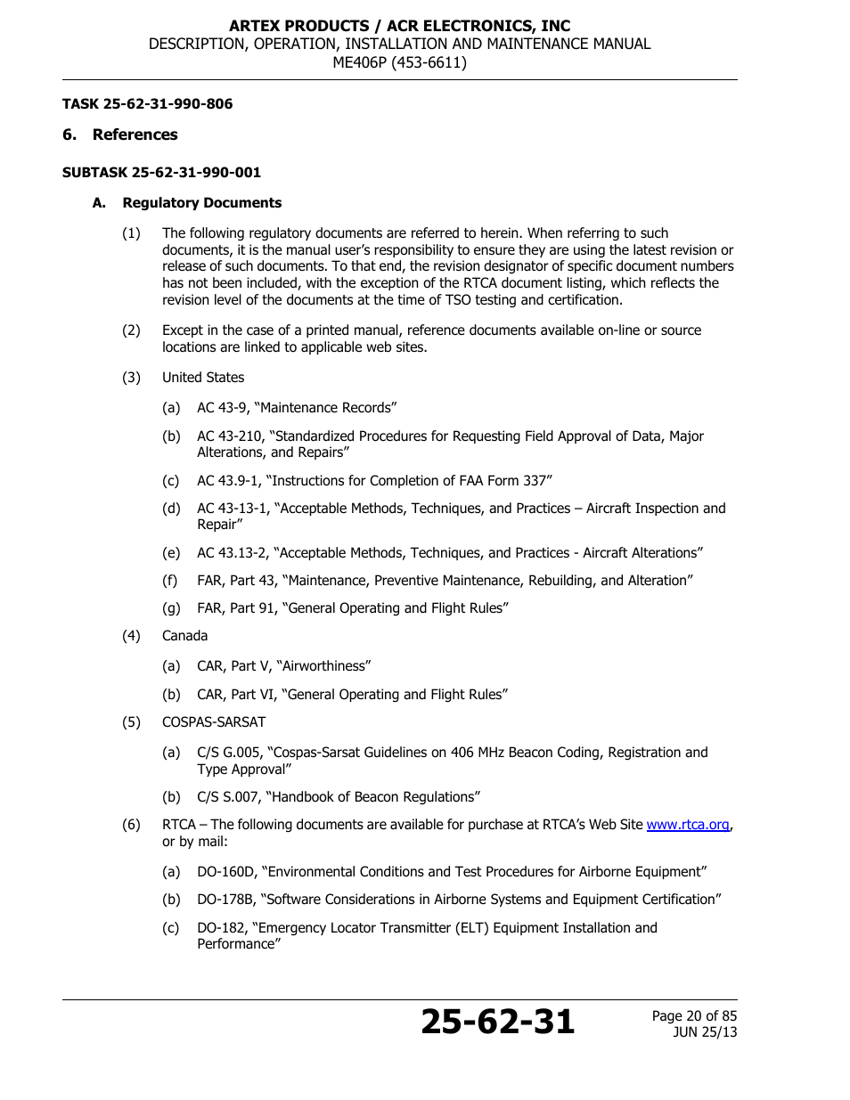 References, A. regulatory documents | ACR&Artex ME406 Portable ELT User Manual | Page 20 / 85