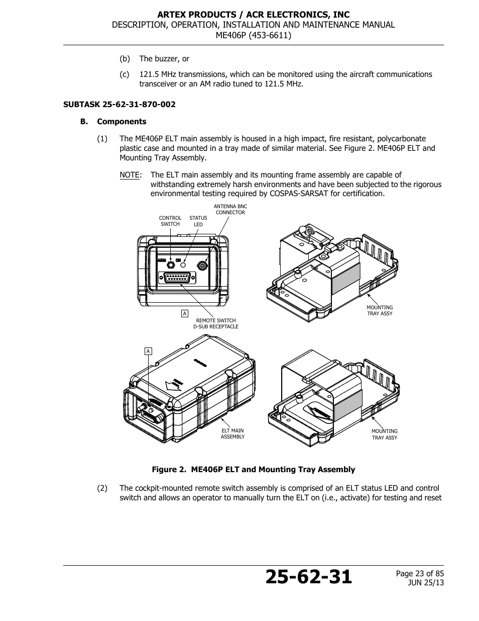 B. components, Figure 2. me406p elt and mounting tray assembly | ACR&Artex ME406 Portable ELT User Manual | Page 23 / 85