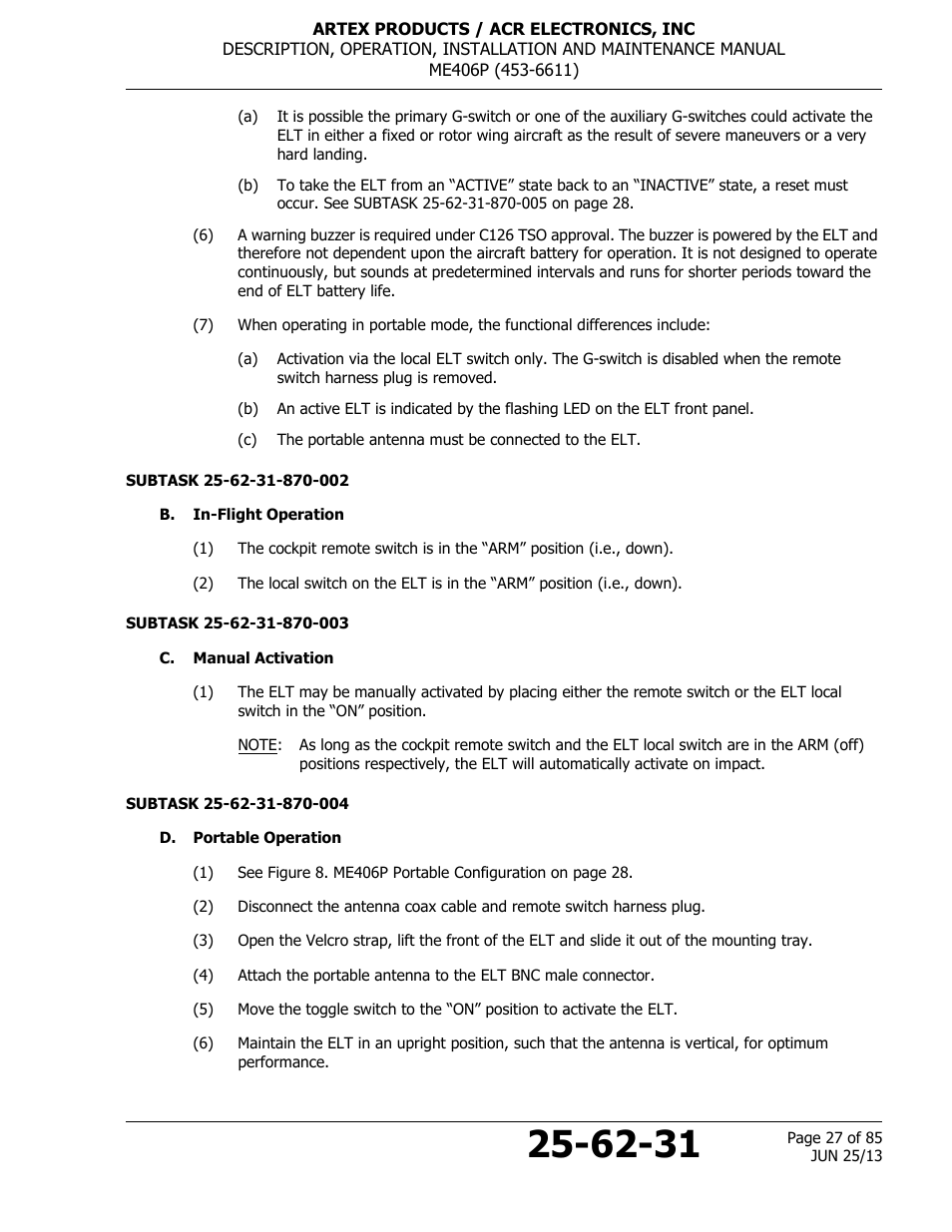 B. in-flight operation, C. manual activation, D. portable operation | ACR&Artex ME406 Portable ELT User Manual | Page 27 / 85