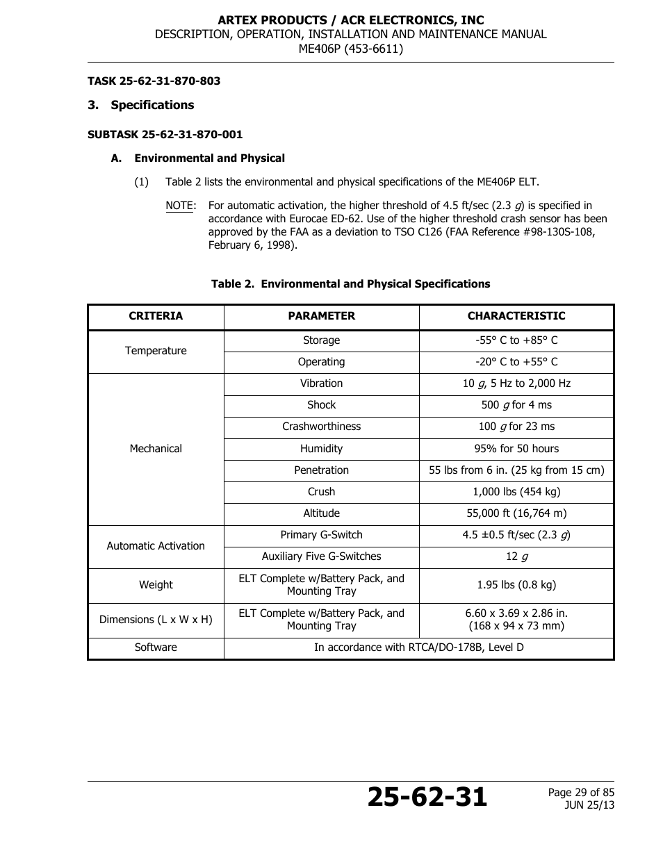 Specifications, A. environmental and physical, Table 2. environmental and physical specifications | ACR&Artex ME406 Portable ELT User Manual | Page 29 / 85