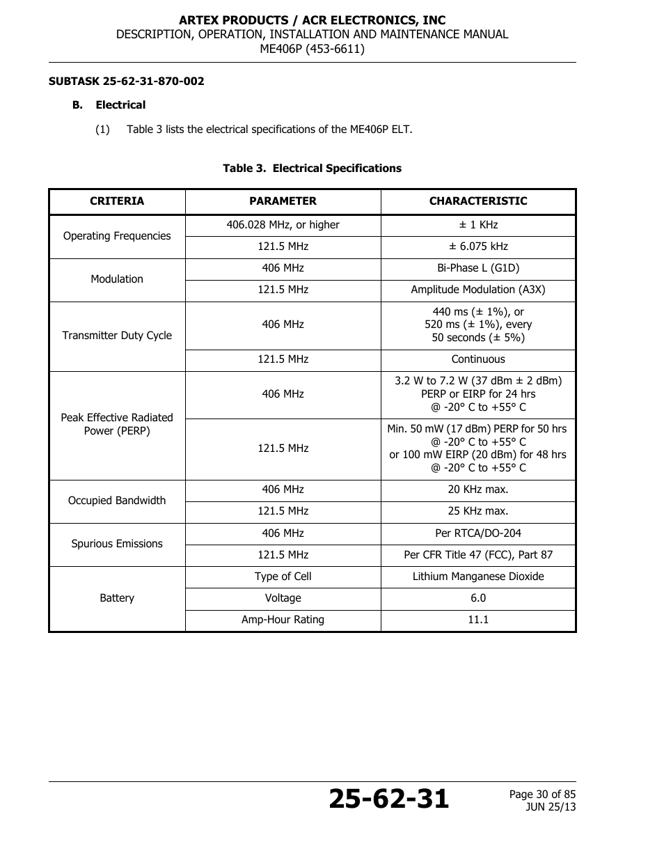 B. electrical, Table 3. electrical specifications | ACR&Artex ME406 Portable ELT User Manual | Page 30 / 85