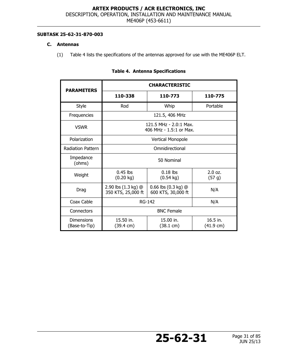 C. antennas, Table 4. antenna specifications | ACR&Artex ME406 Portable ELT User Manual | Page 31 / 85