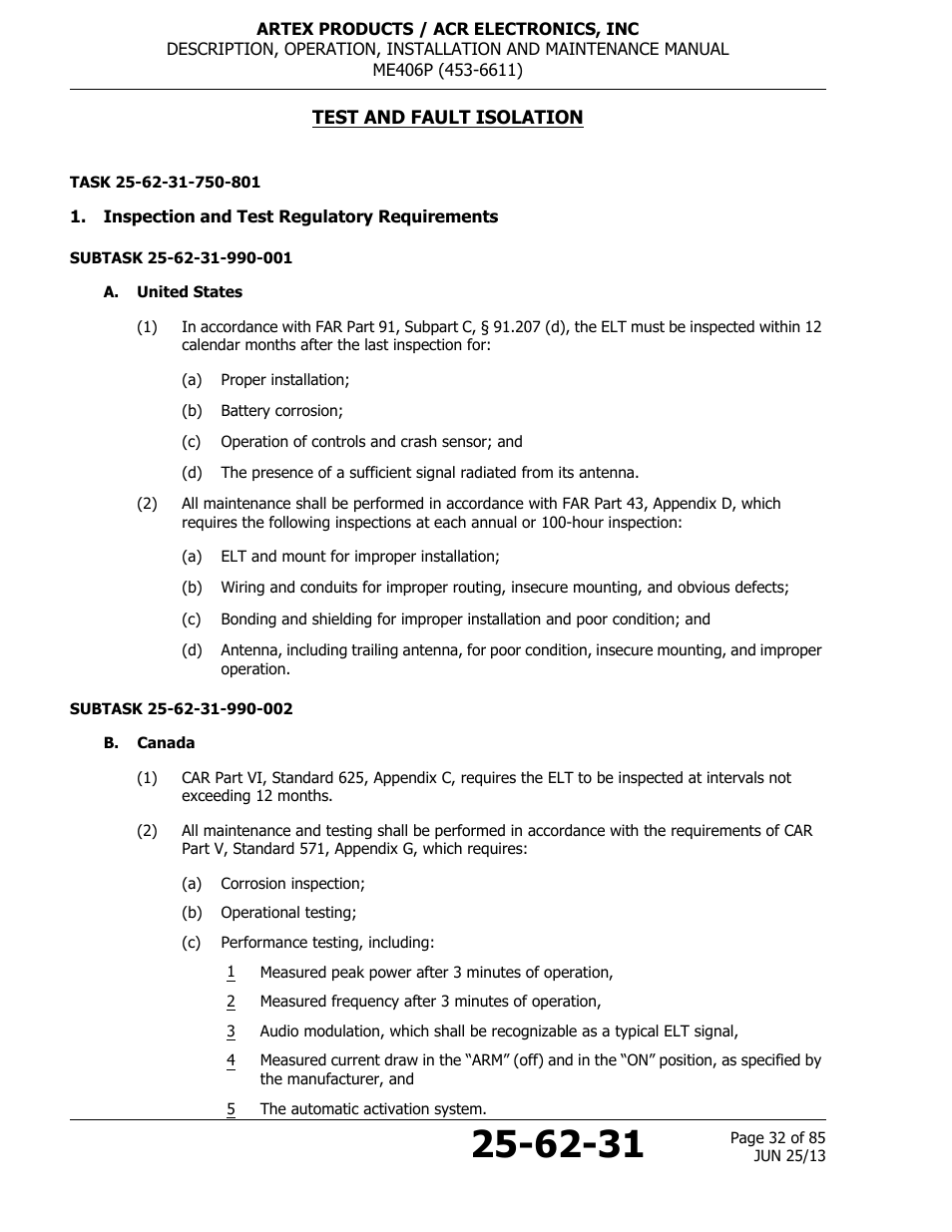 Test and fault isolation, Inspection and test regulatory requirements, A. united states | B. canada | ACR&Artex ME406 Portable ELT User Manual | Page 32 / 85