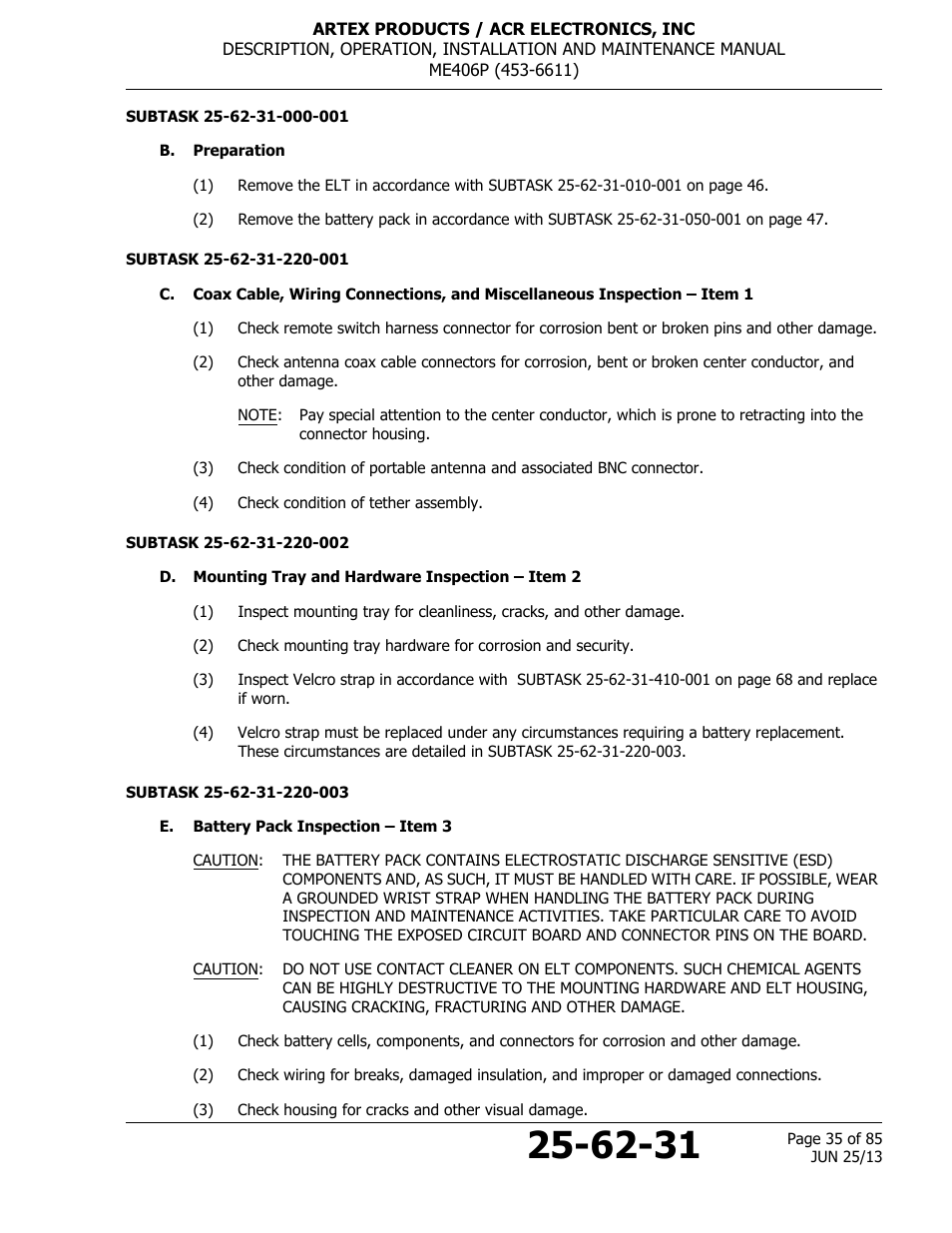 B. preparation, D. mounting tray and hardware inspection – item 2, E. battery pack inspection – item 3 | ACR&Artex ME406 Portable ELT User Manual | Page 35 / 85