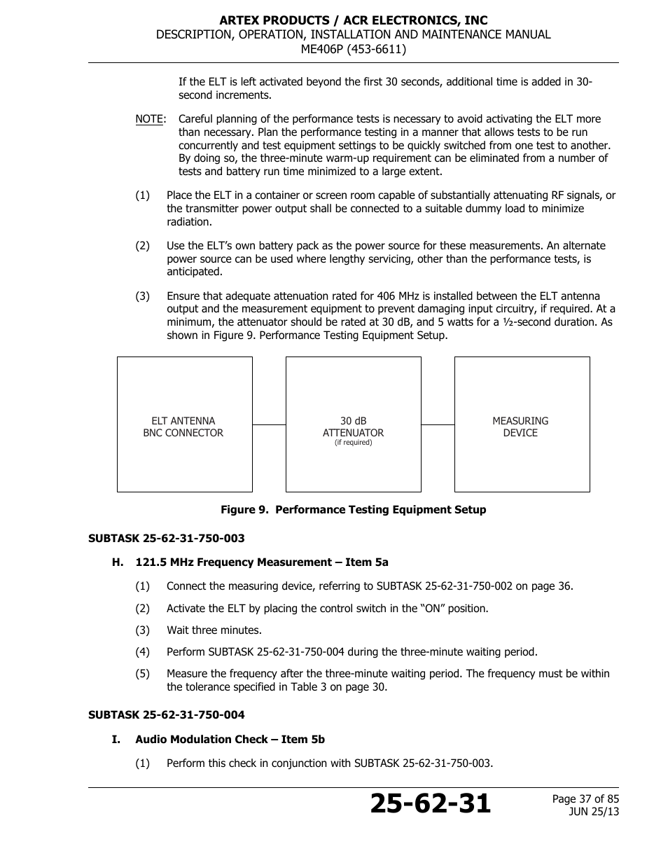 Figure 9. performance testing equipment setup, H. 121.5 mhz frequency measurement – item 5a, I. audio modulation check – item 5b | Figure 9, Performance testing equipment setup | ACR&Artex ME406 Portable ELT User Manual | Page 37 / 85