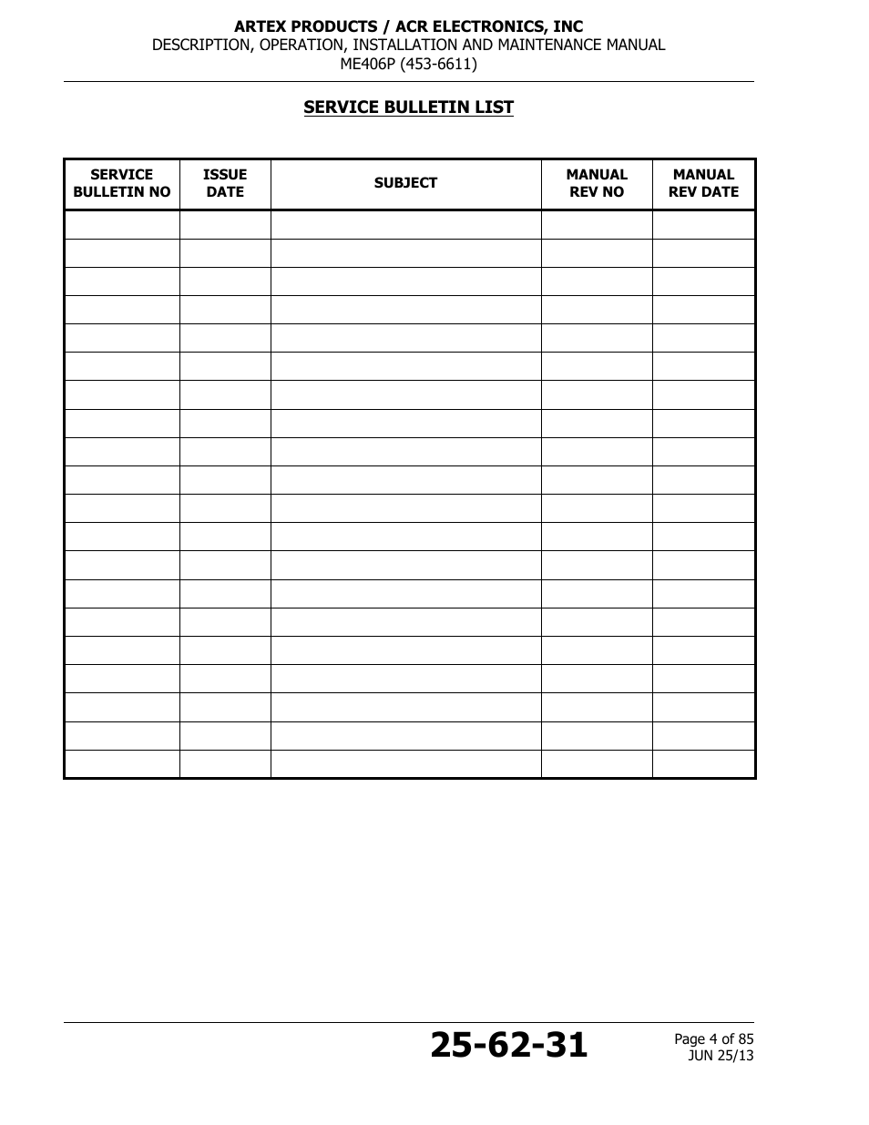 Service bulletin list | ACR&Artex ME406 Portable ELT User Manual | Page 4 / 85