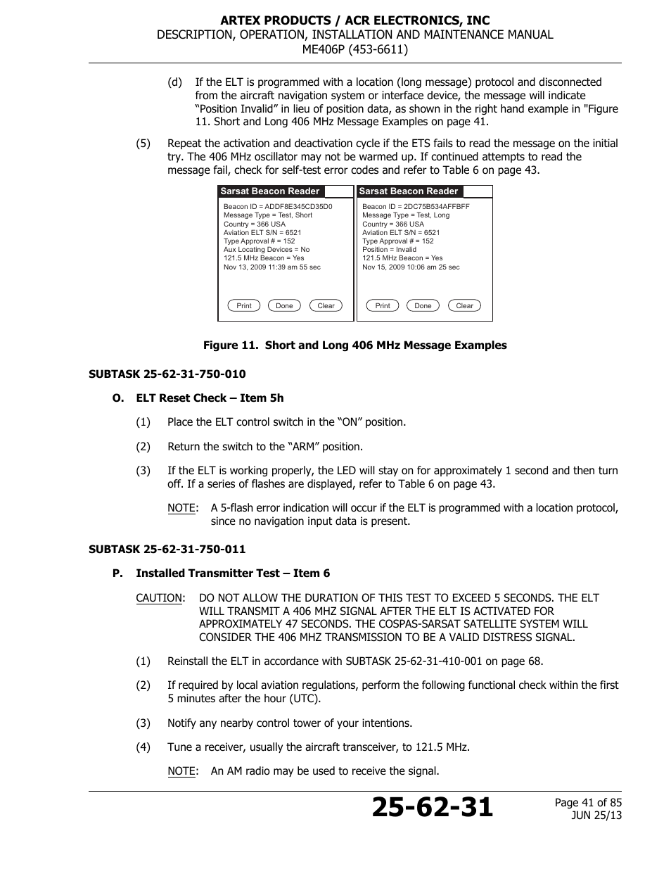 Figure 11. short and long 406 mhz message examples, O. elt reset check – item 5h, P. installed transmitter test – item 6 | ACR&Artex ME406 Portable ELT User Manual | Page 41 / 85