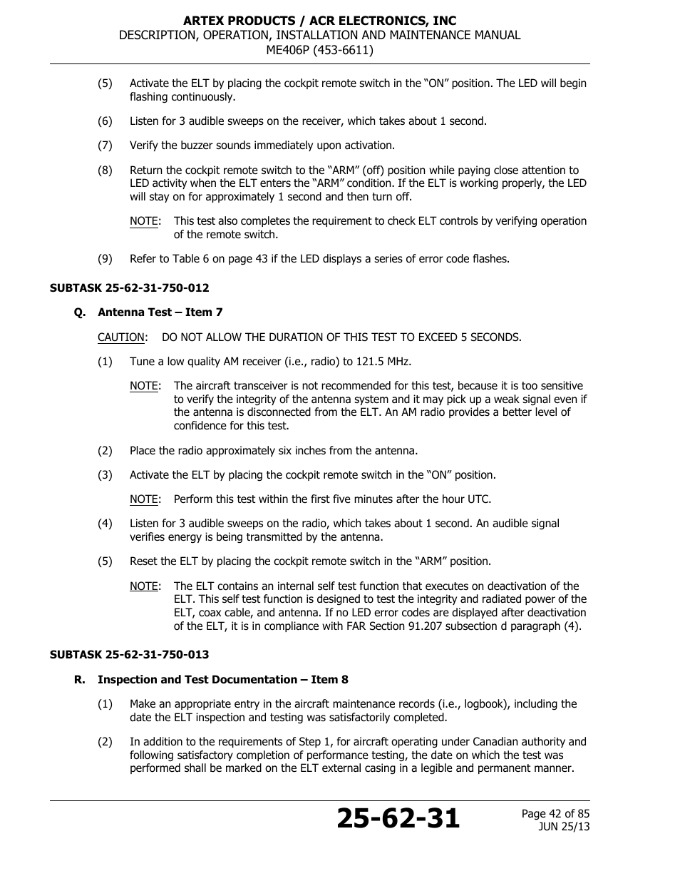 Q. antenna test – item 7, R. inspection and test documentation – item 8 | ACR&Artex ME406 Portable ELT User Manual | Page 42 / 85