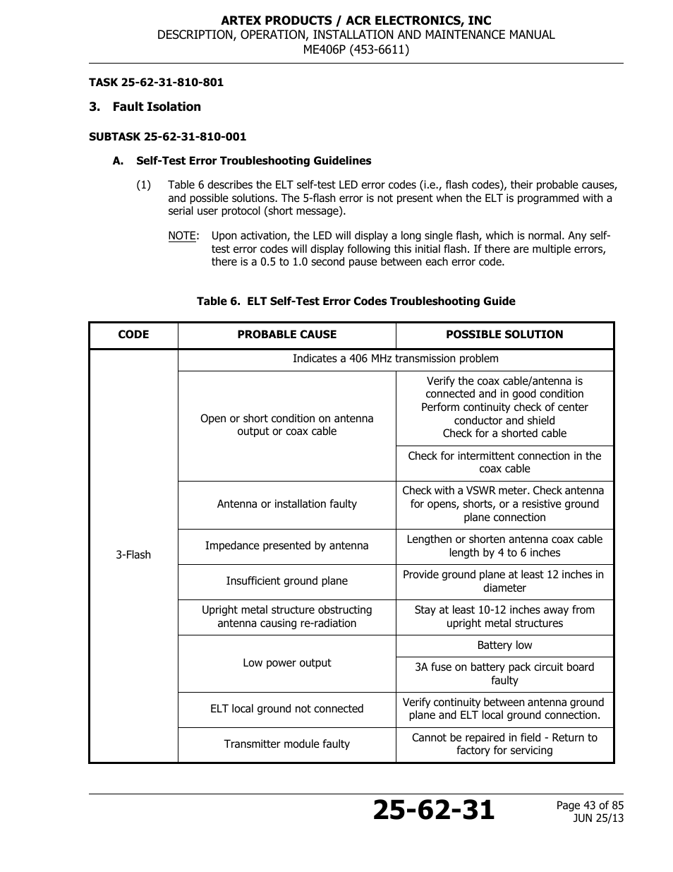 Fault isolation, A. self-test error troubleshooting guidelines | ACR&Artex ME406 Portable ELT User Manual | Page 43 / 85