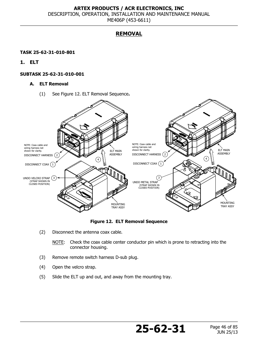 Removal, A. elt removal, Figure 12. elt removal sequence | ACR&Artex ME406 Portable ELT User Manual | Page 46 / 85