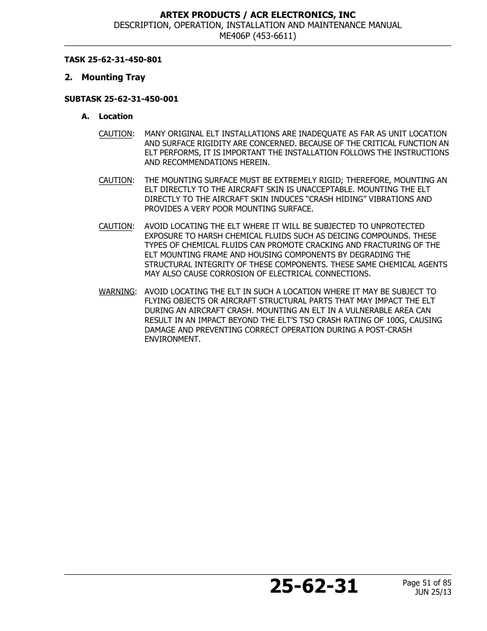 Mounting tray, A. location | ACR&Artex ME406 Portable ELT User Manual | Page 51 / 85