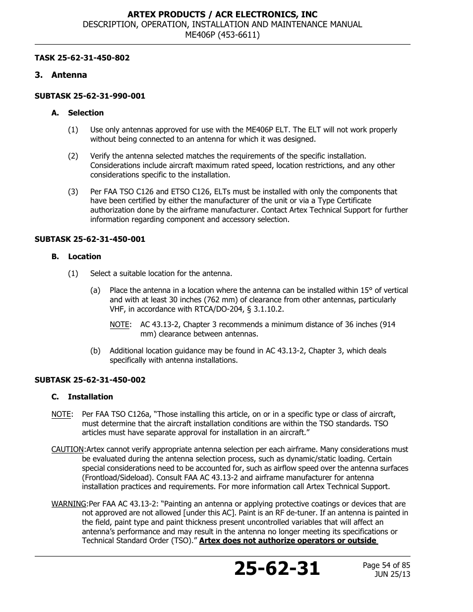 Antenna, A. selection, B. location | C. installation | ACR&Artex ME406 Portable ELT User Manual | Page 54 / 85