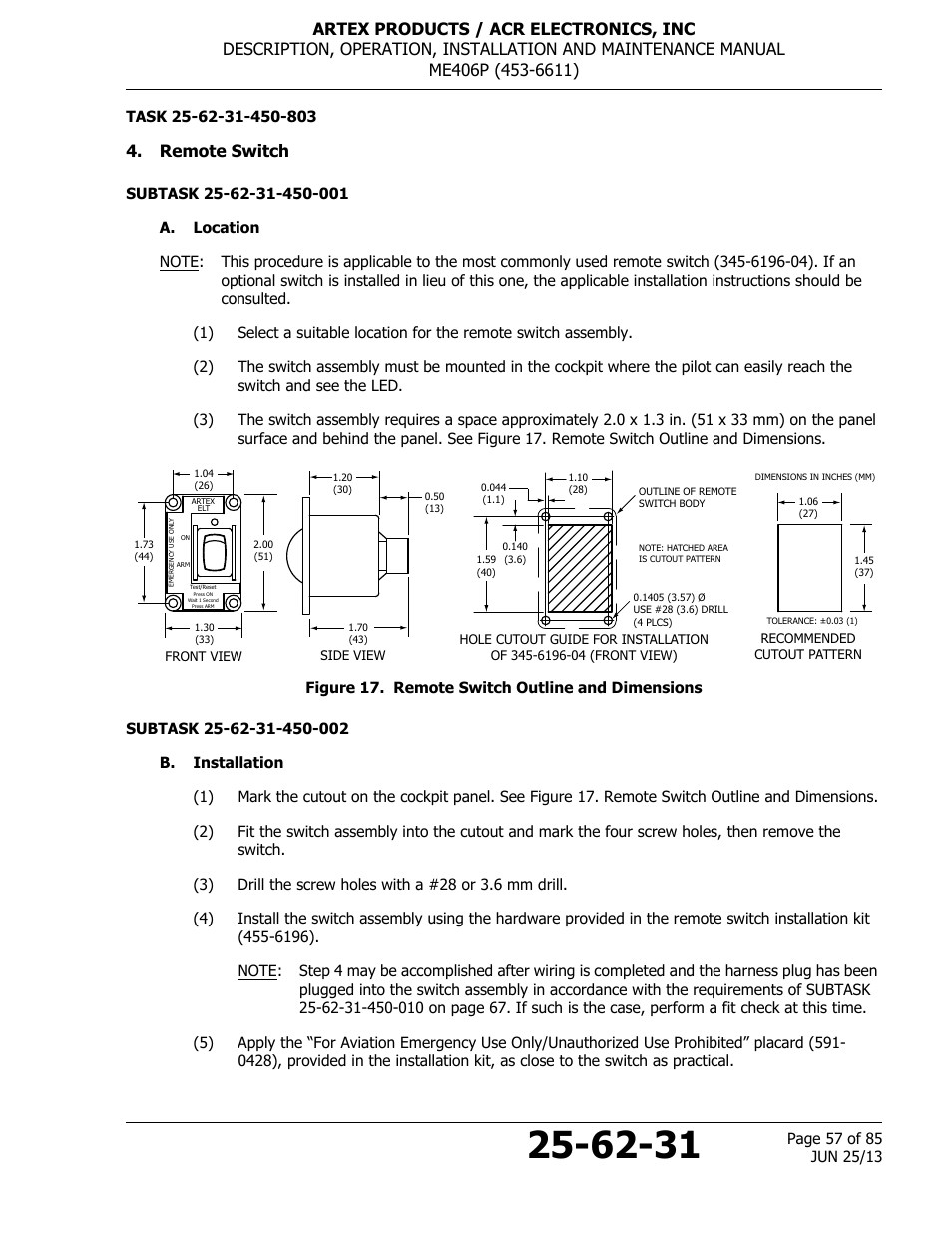 Remote switch, A. location, Figure 17. remote switch outline and dimensions | B. installation | ACR&Artex ME406 Portable ELT User Manual | Page 57 / 85