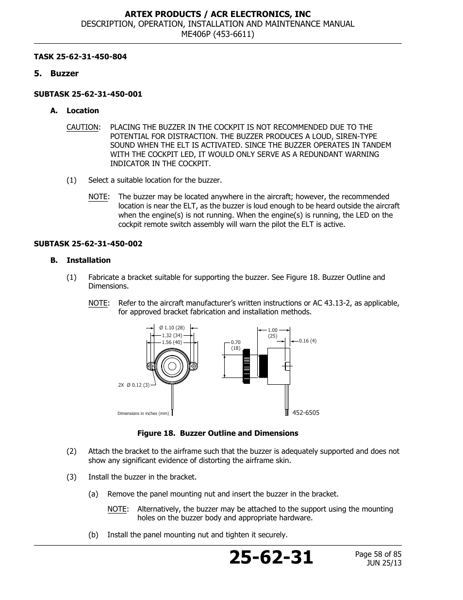 Buzzer, A. location, B. installation | Figure 18. buzzer outline and dimensions | ACR&Artex ME406 Portable ELT User Manual | Page 58 / 85