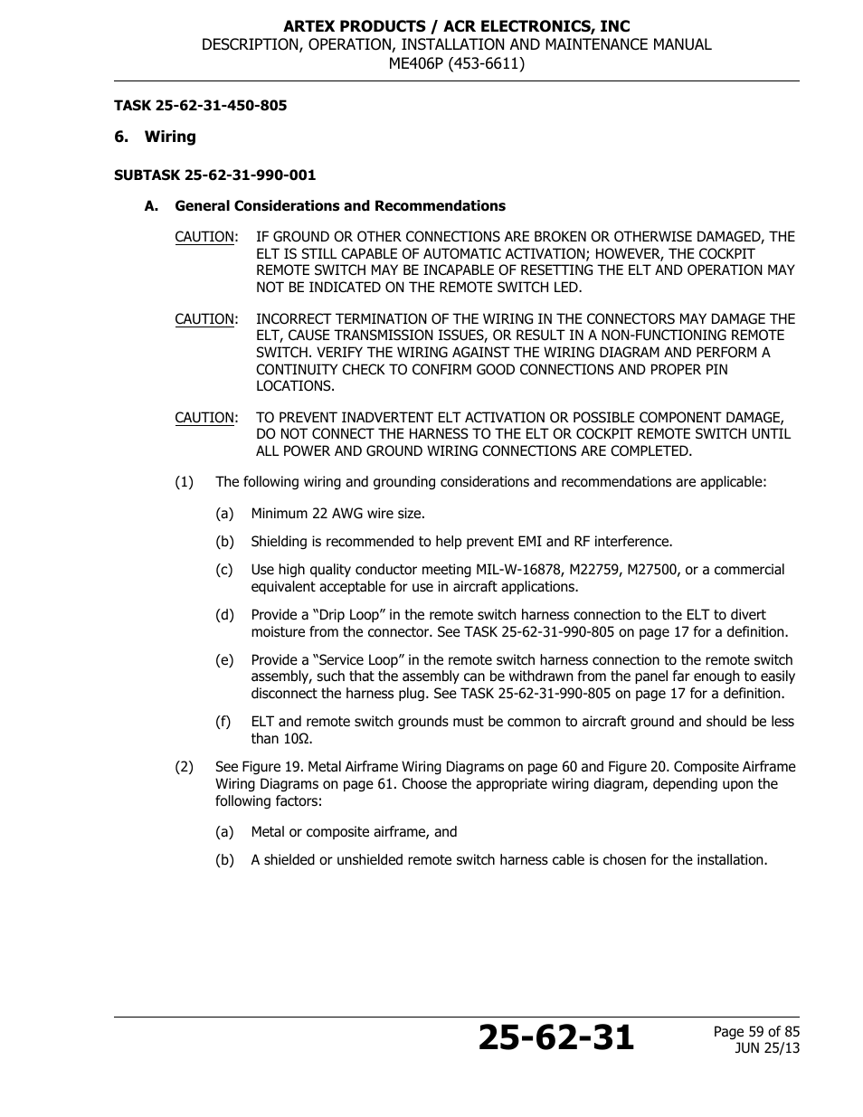 Wiring, A. general considerations and recommendations | ACR&Artex ME406 Portable ELT User Manual | Page 59 / 85