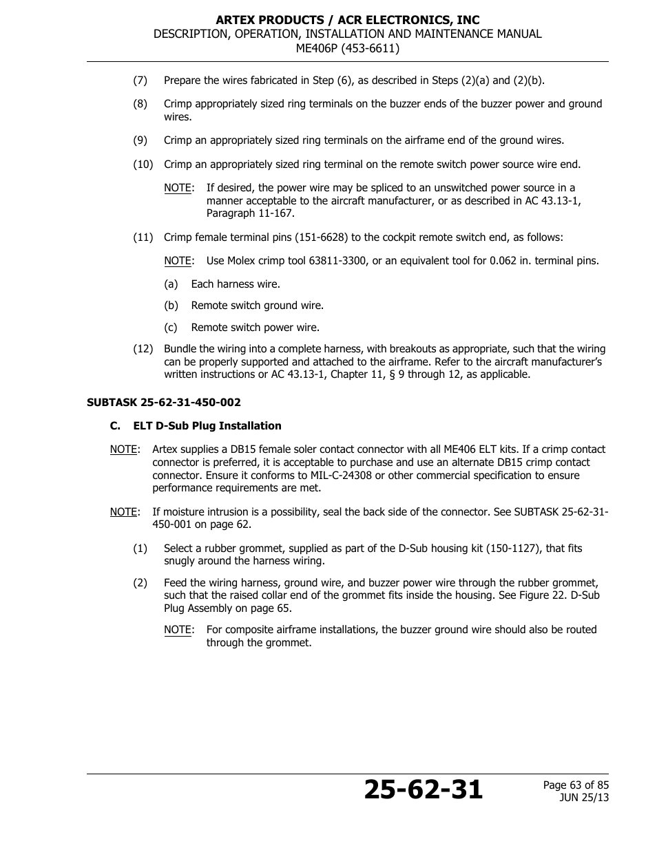 C. elt d-sub plug installation | ACR&Artex ME406 Portable ELT User Manual | Page 63 / 85