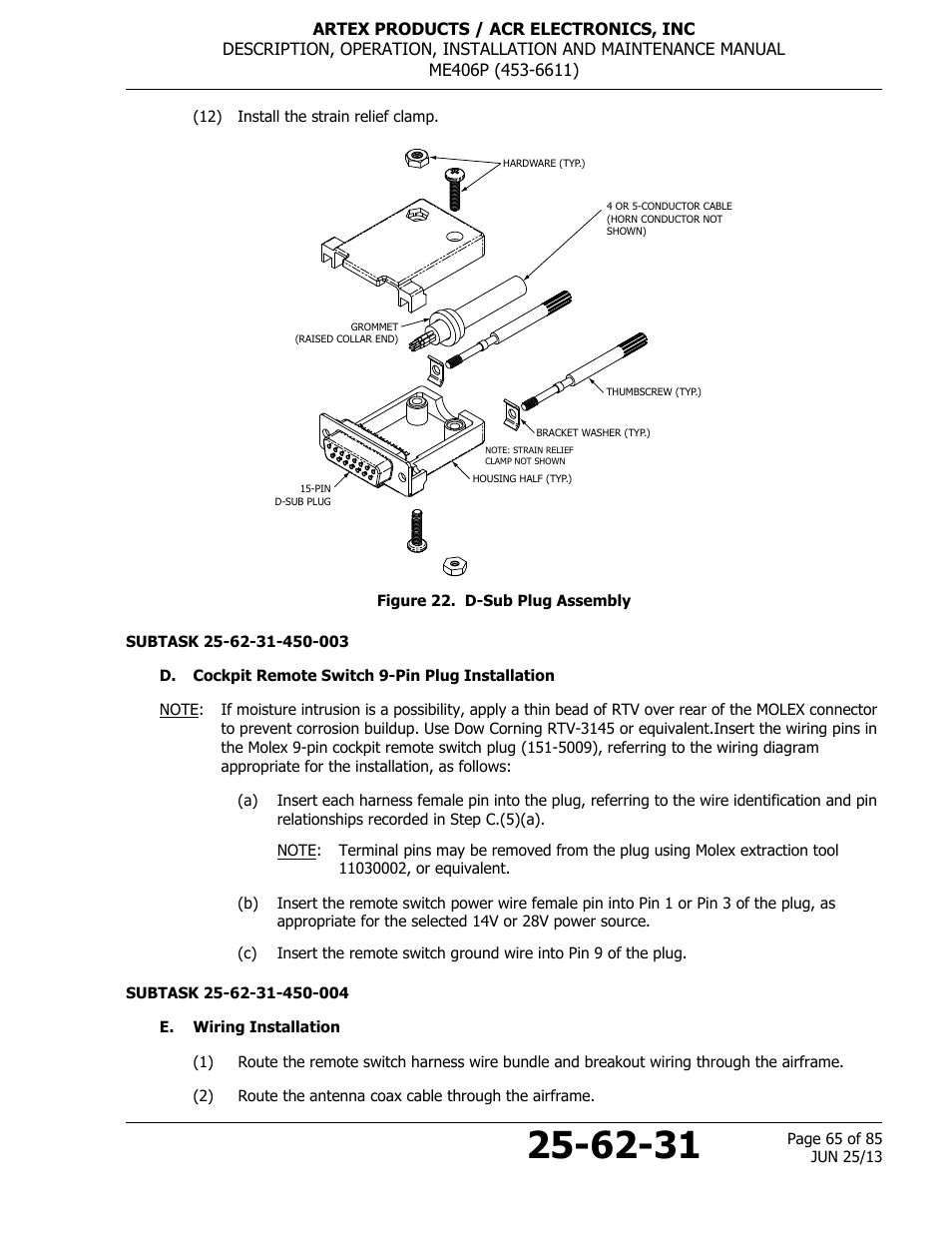 Figure 22. d-sub plug assembly, D. cockpit remote switch 9-pin plug installation, E. wiring installation | E figure 22. d-sub | ACR&Artex ME406 Portable ELT User Manual | Page 65 / 85