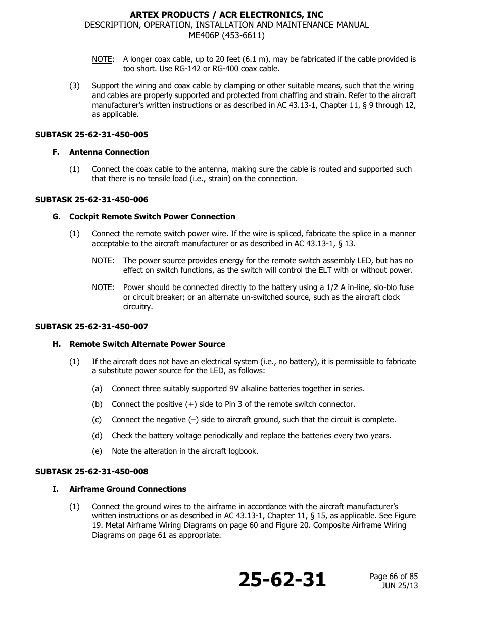 F. antenna connection, G. cockpit remote switch power connection, H. remote switch alternate power source | I. airframe ground connections | ACR&Artex ME406 Portable ELT User Manual | Page 66 / 85