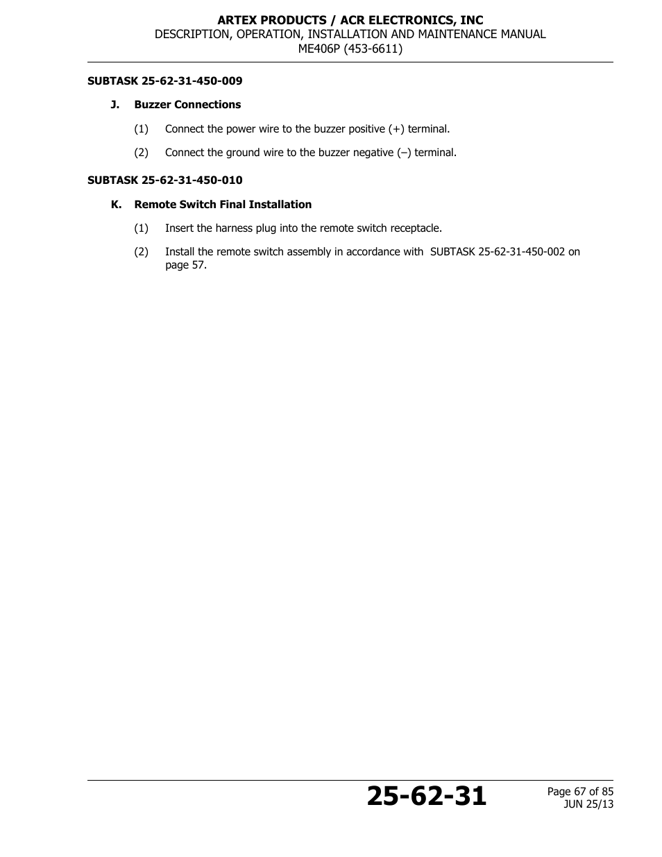 J. buzzer connections, K. remote switch final installation, Subtask | ACR&Artex ME406 Portable ELT User Manual | Page 67 / 85