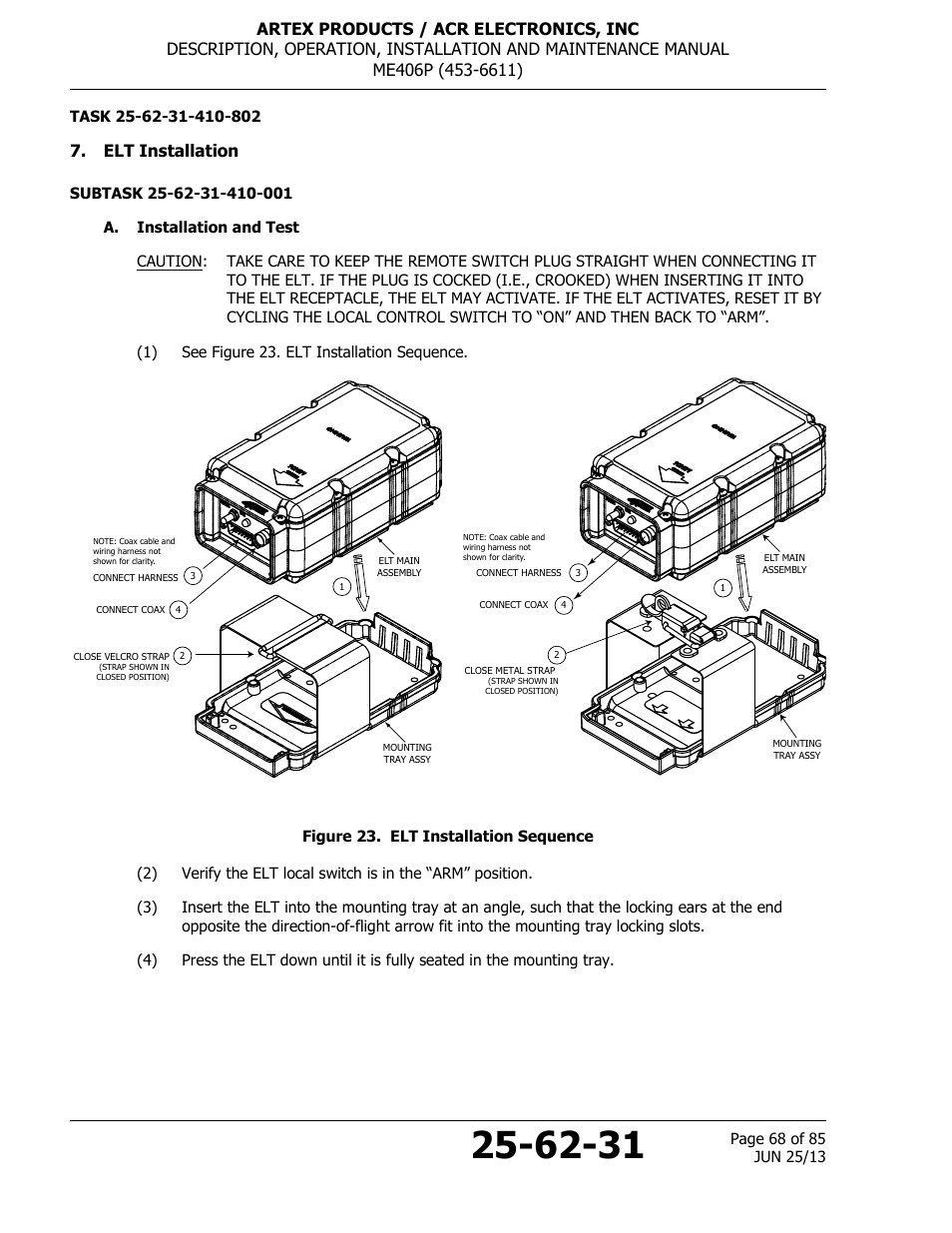 Elt installation, A. installation and test, Figure 23. elt installation sequence | ACR&Artex ME406 Portable ELT User Manual | Page 68 / 85