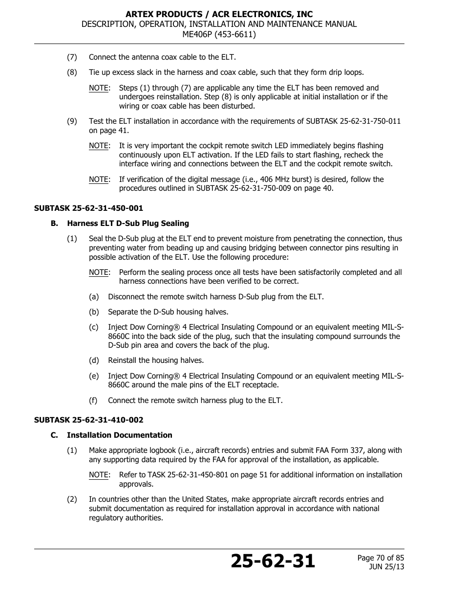 B. harness elt d-sub plug sealing, C. installation documentation | ACR&Artex ME406 Portable ELT User Manual | Page 70 / 85