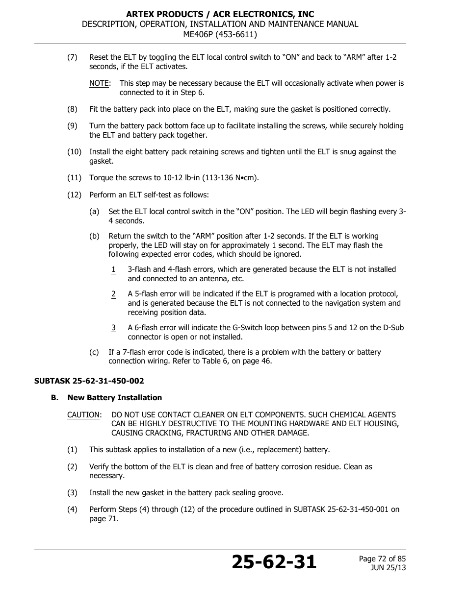 B. new battery installation | ACR&Artex ME406 Portable ELT User Manual | Page 72 / 85