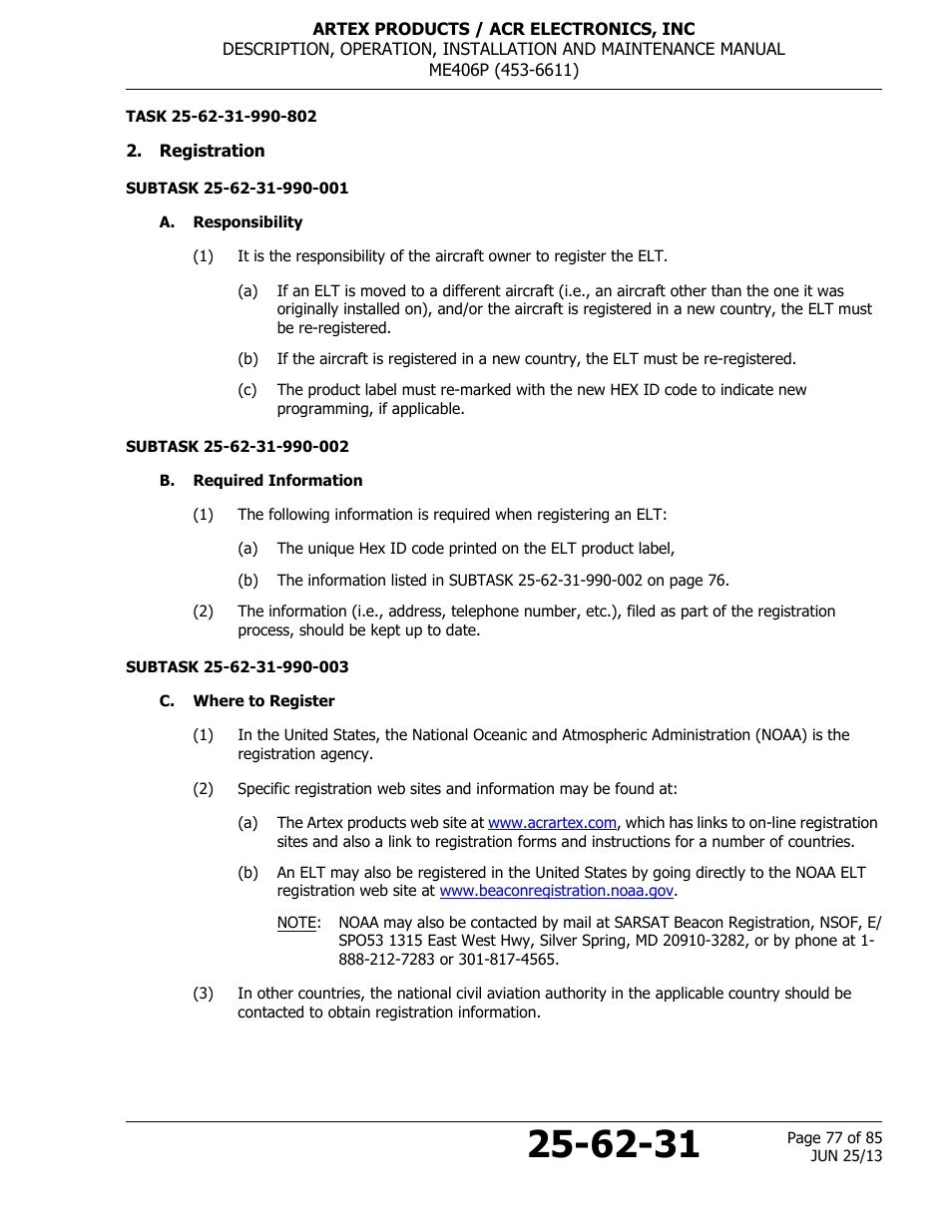 Registration, A. responsibility, B. required information | C. where to register | ACR&Artex ME406 Portable ELT User Manual | Page 77 / 85