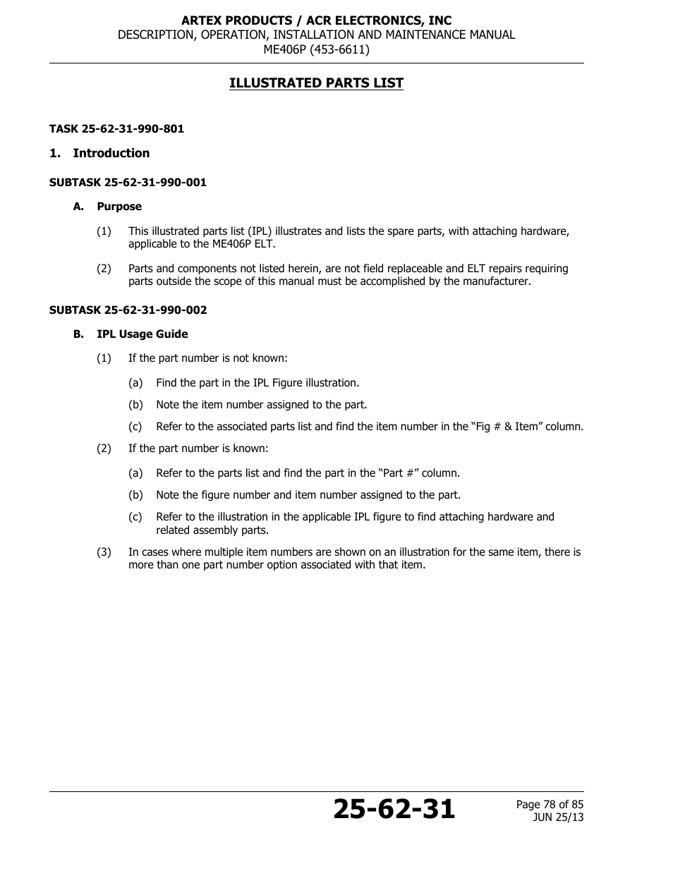 Illustrated parts list, Introduction, A. purpose | B. ipl usage guide | ACR&Artex ME406 Portable ELT User Manual | Page 78 / 85