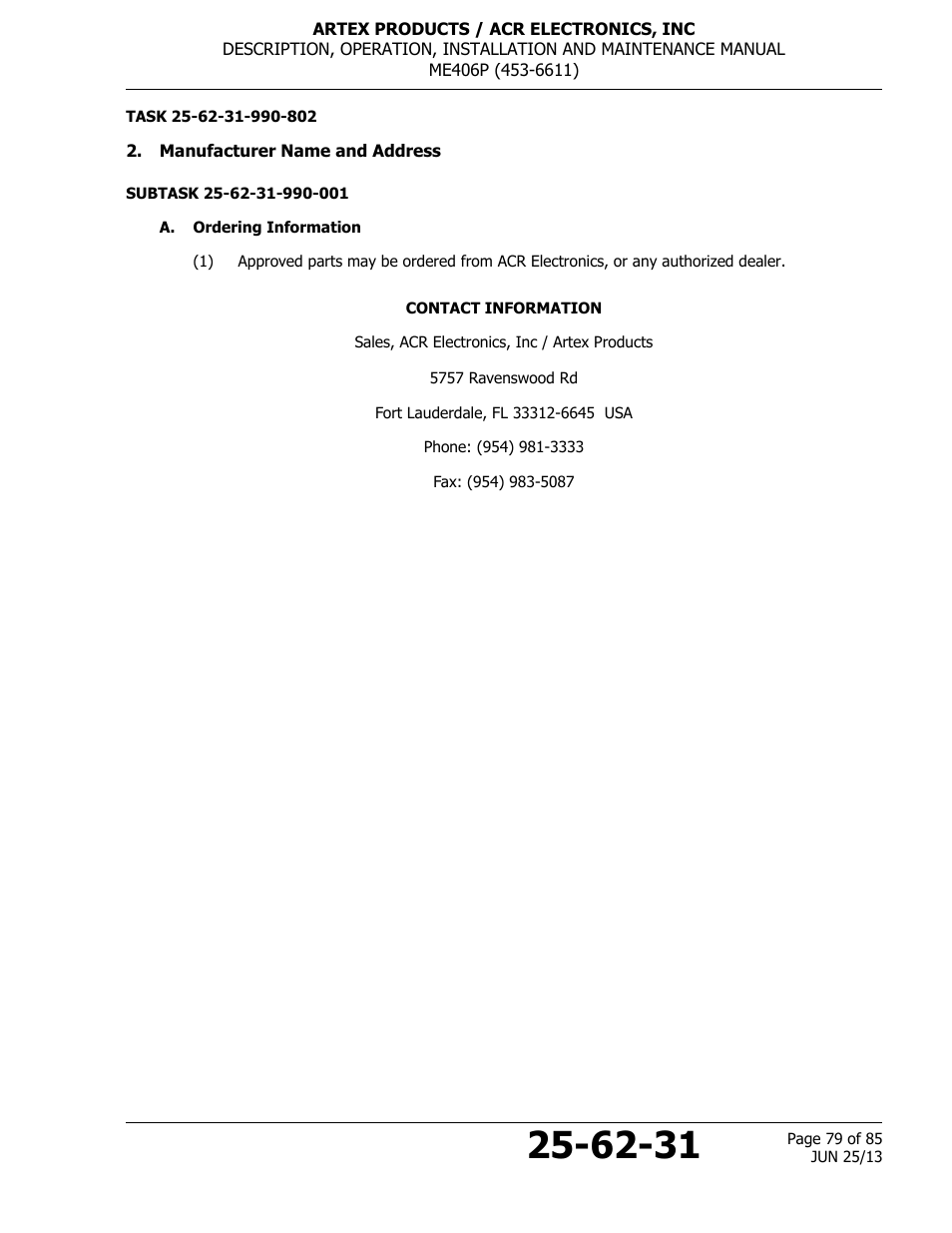 Manufacturer name and address, A. ordering information | ACR&Artex ME406 Portable ELT User Manual | Page 79 / 85