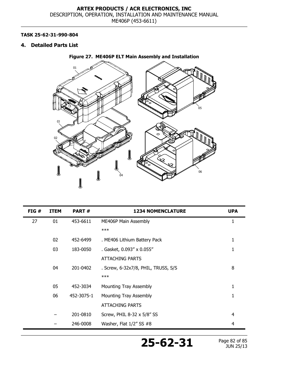 Detailed parts list | ACR&Artex ME406 Portable ELT User Manual | Page 82 / 85